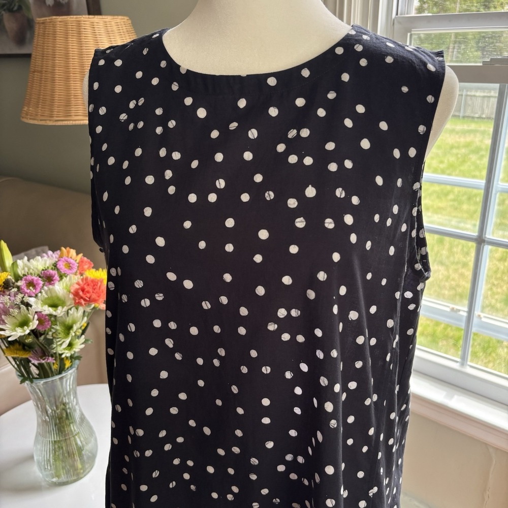 Eileen Fisher Organic Cotton Sleeveless Dress Size PM Black White Polka Dot - Picture 3 of 15